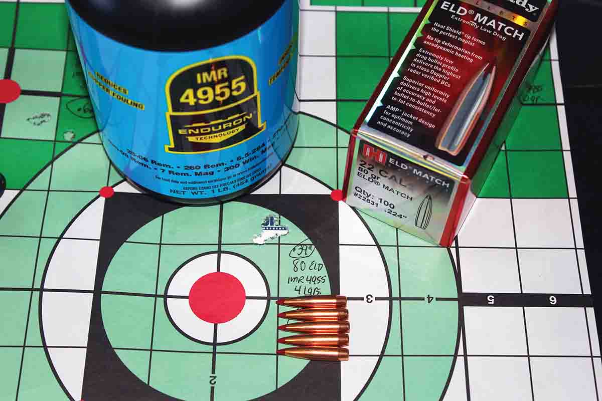 This .39-inch, five-shot 100-yard group resulted from 41 grains of IMR-4955 Enduron powder beneath a Hornady 80-grain ELD Match bullet. Velocity average was 3,272 fps.